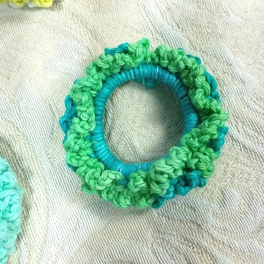 Scrunchies crocheted handmade lot of 4 bundle turquoise blue yellow multicolor